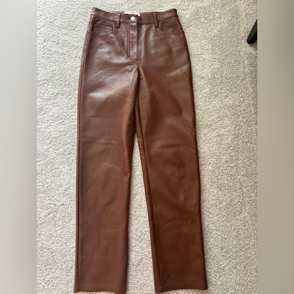 WILFRED x ARITZIA The Melina Pant High Waisted Vegan Leather Cognac Brown - Picture 5 of 8